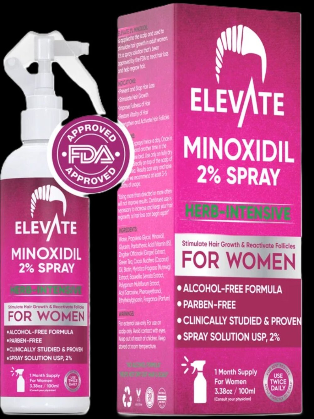 Elevate Minoxidil 2% Hair Growth Spray Herb-Intensive Alcohol-Free 1-month suppl